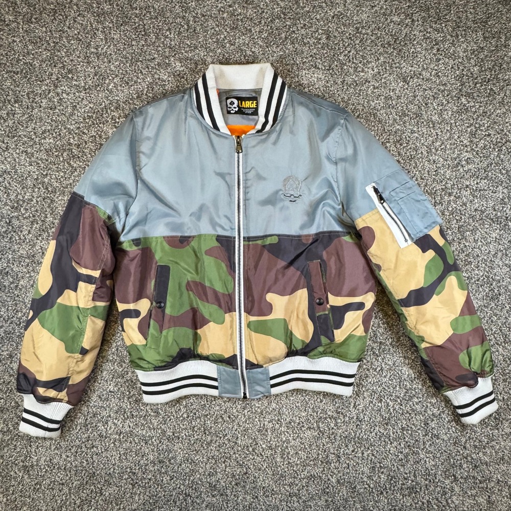 Zero Foxtrot Mens Large Retro Skull Camo Gray Bomber Jacket Nylon Flight Jacket